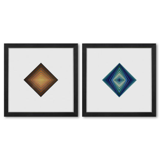 Victor Vasarely (1908-1997), "Rhombus - C et Rhombus de la serie Vonal (Diptych)" Framed 1971 Heliogravure Prints with Letter of Authenticity