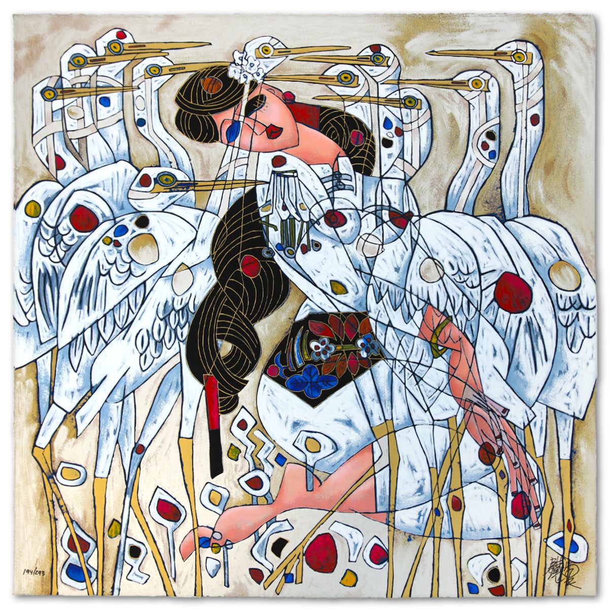 Jian Tie Feng- Silkscreen "Morning with Cranes"