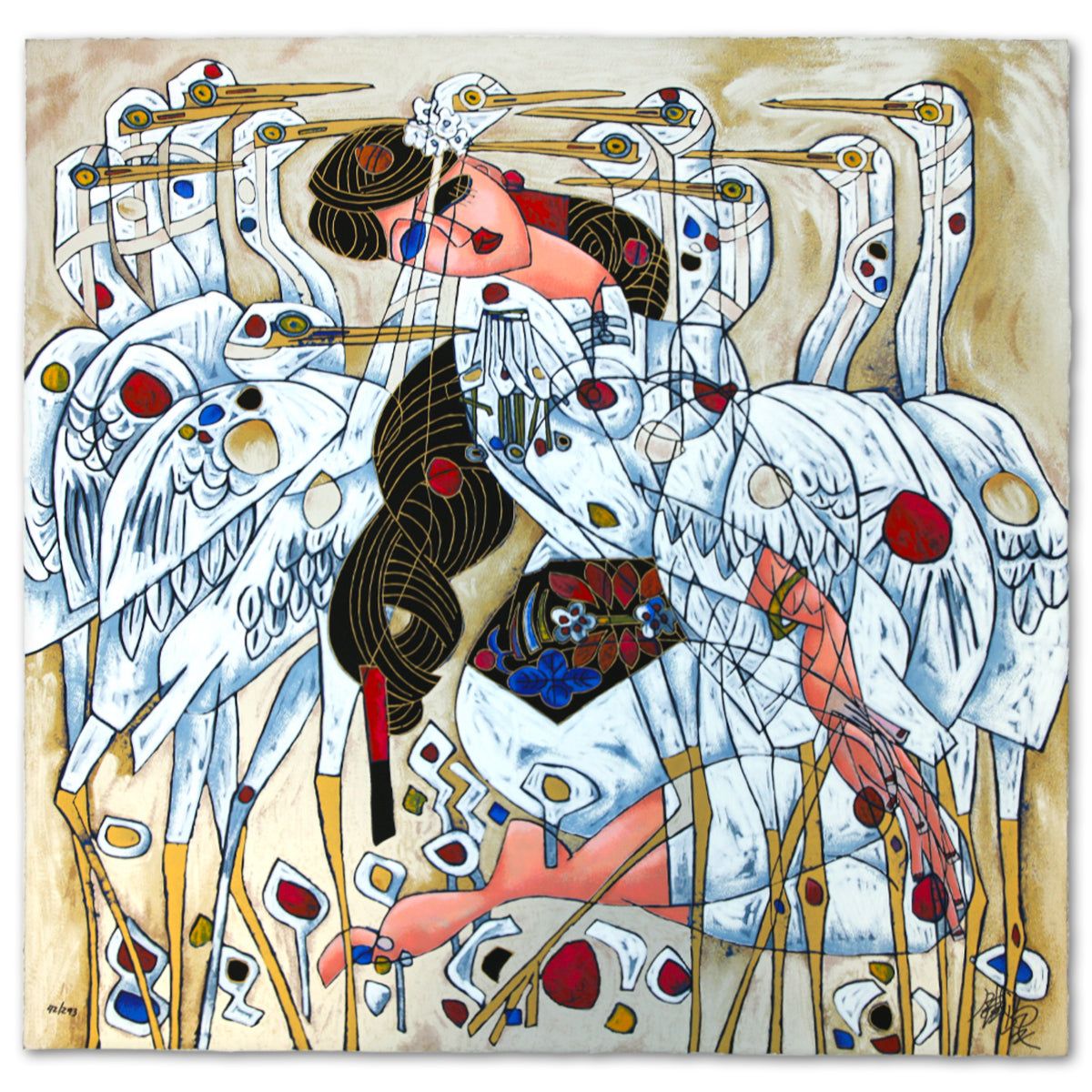 Jian Tie Feng- Silkscreen "Morning with Cranes"