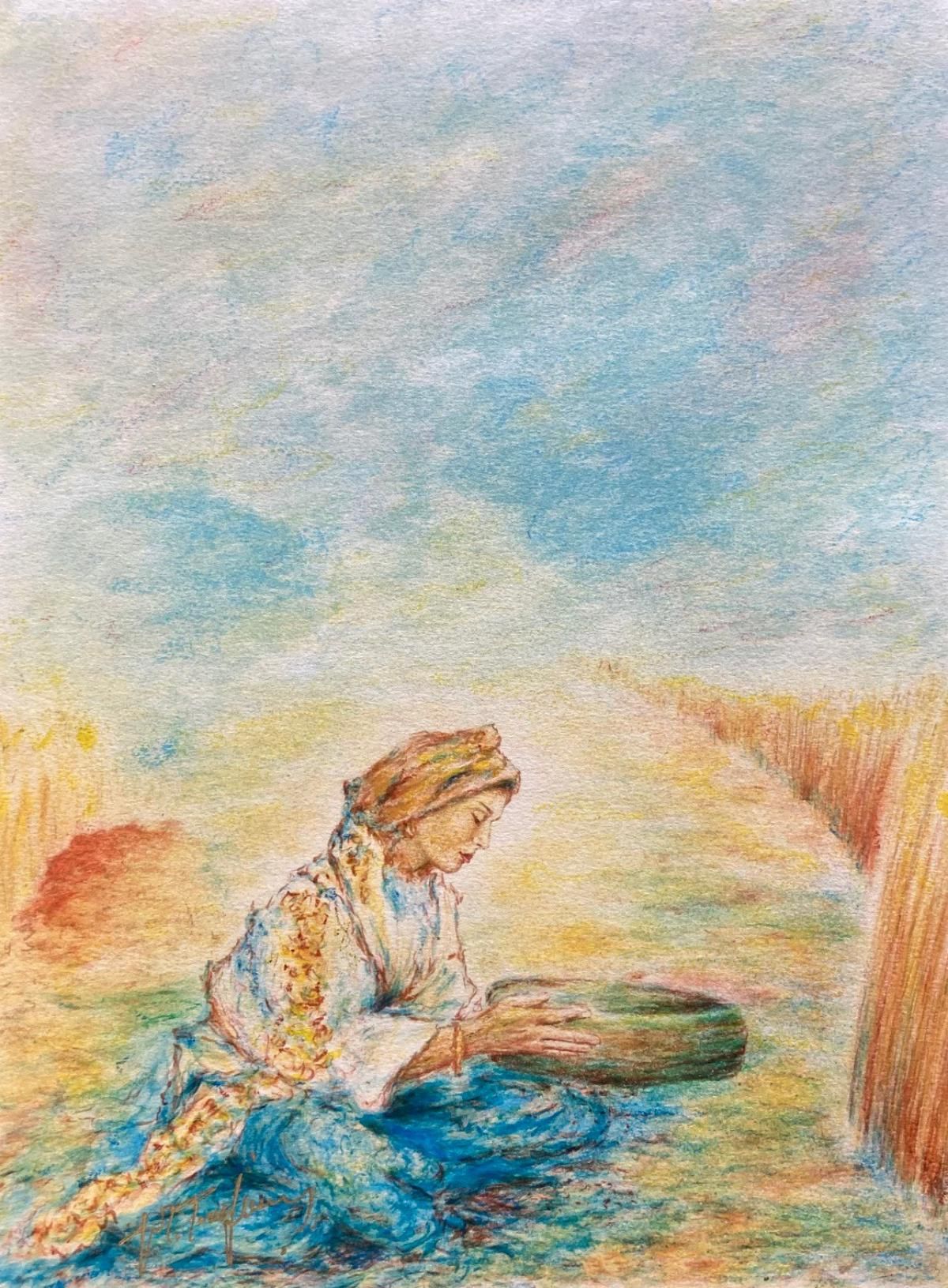 Itzhak Tordjman- Pastel paint over lithograph on paper "From the Woman of Valor series"