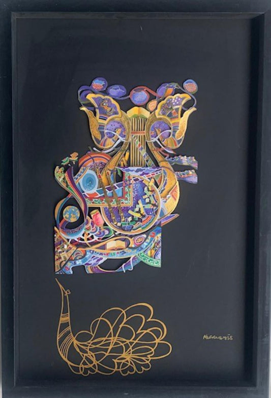 Raphael Abecassis - Mixed Media 3D decoupage with original drawing "Harp"
