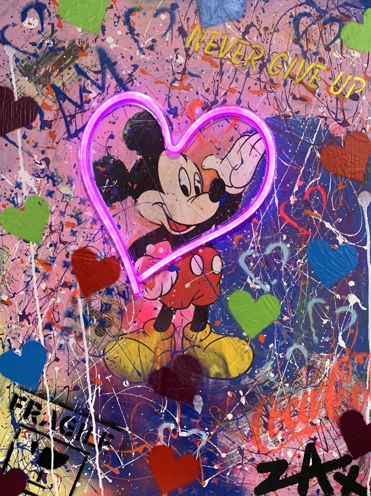 E.M. Zax- 1/1 Unique mixed media collage with acrylic paints and Neon Light