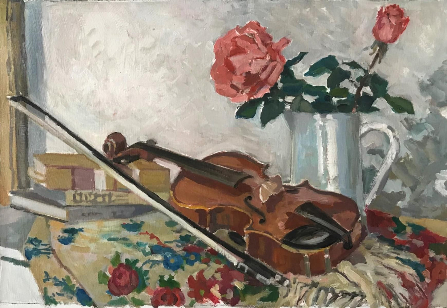 Boris Tyomkin- Original Painting "Roses and Violin"