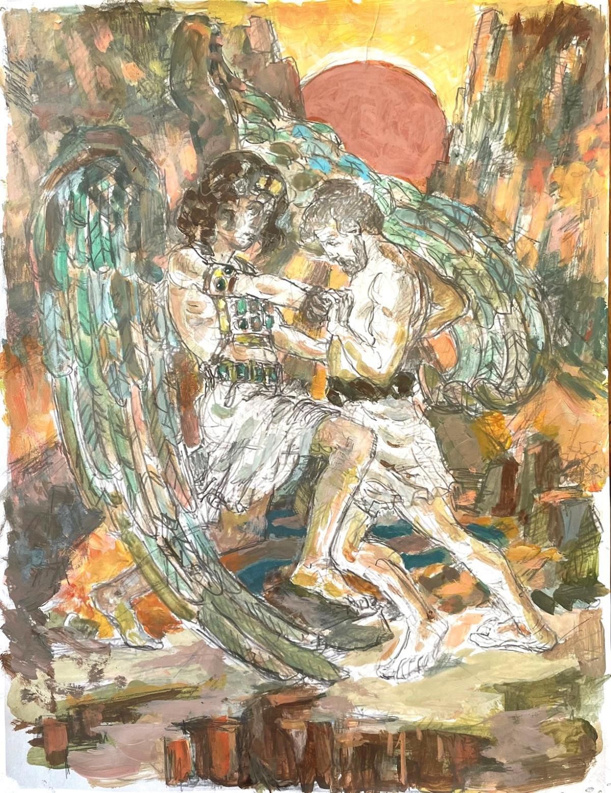 Boris Tyomkin- Acrylic on paper "Jacob Wrestling with an Angel"