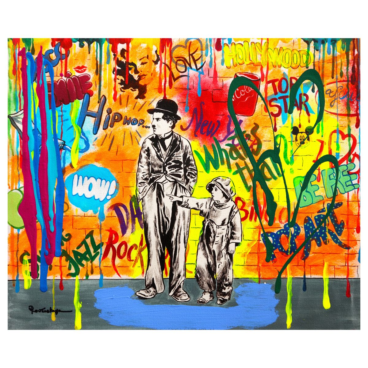 Nastya Rovenskaya- Mixed Media on Canvas "Wanna be like Chaplin"