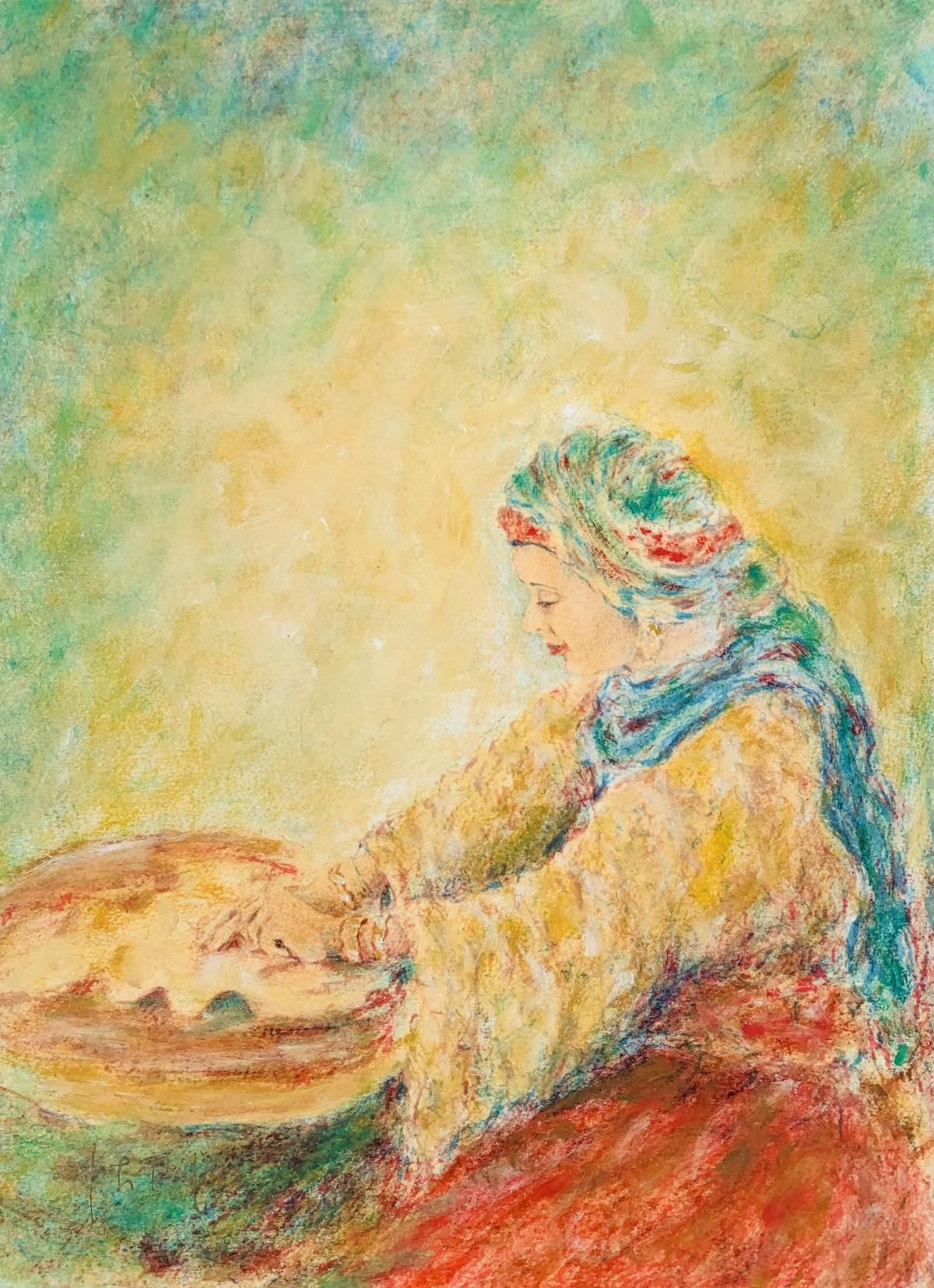 Itzhak Tordjman- Pastel paint over lithograph on paper "From the Woman of Valor series"