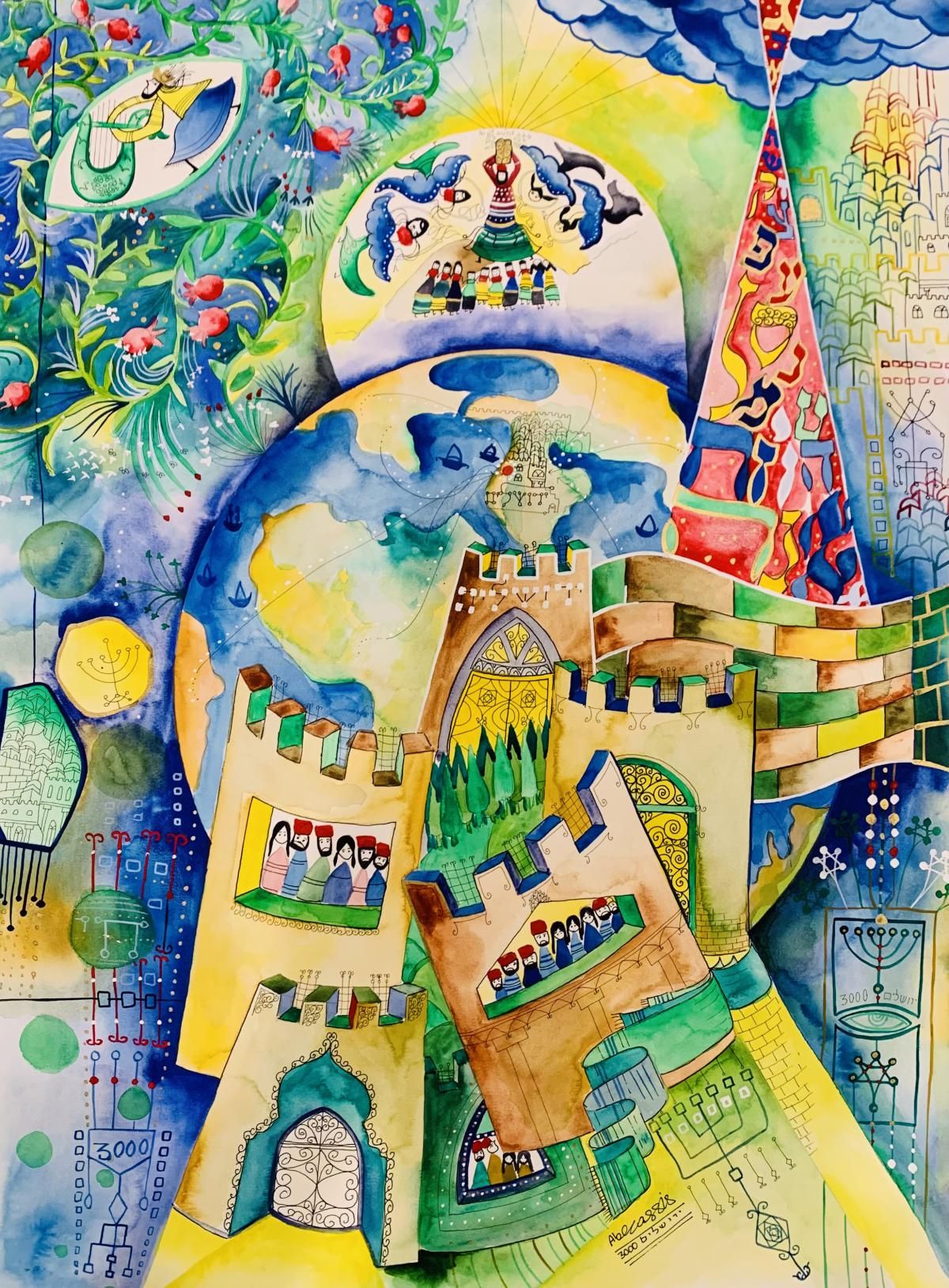Raphael Abecassis- Original gouache on paper "Jerusalem 3000"