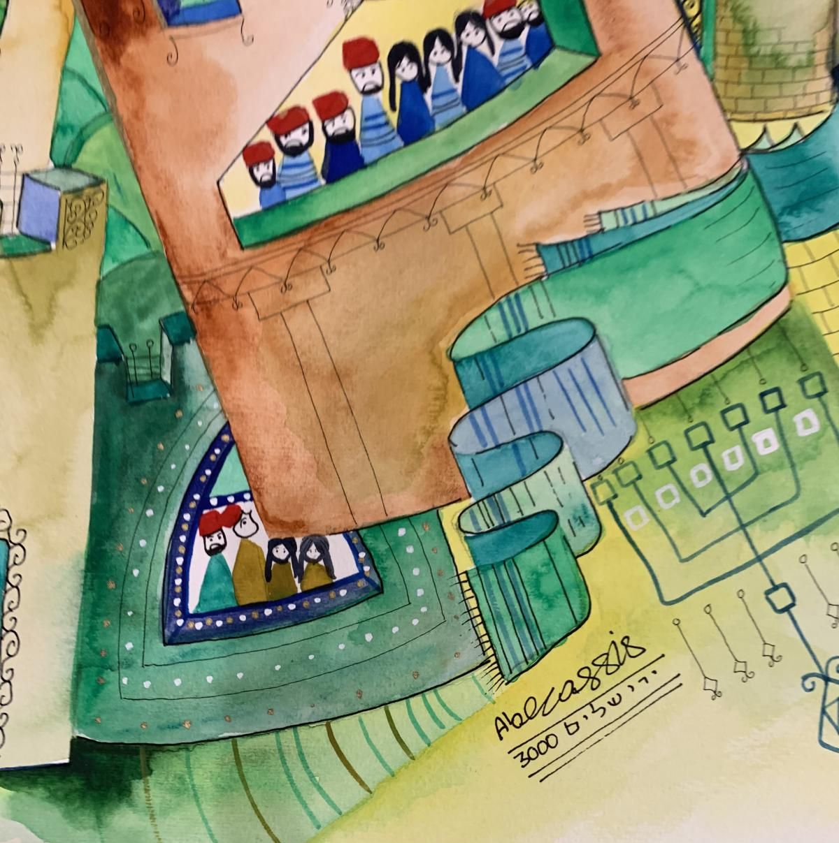Raphael Abecassis- Original gouache on paper "Jerusalem 3000"