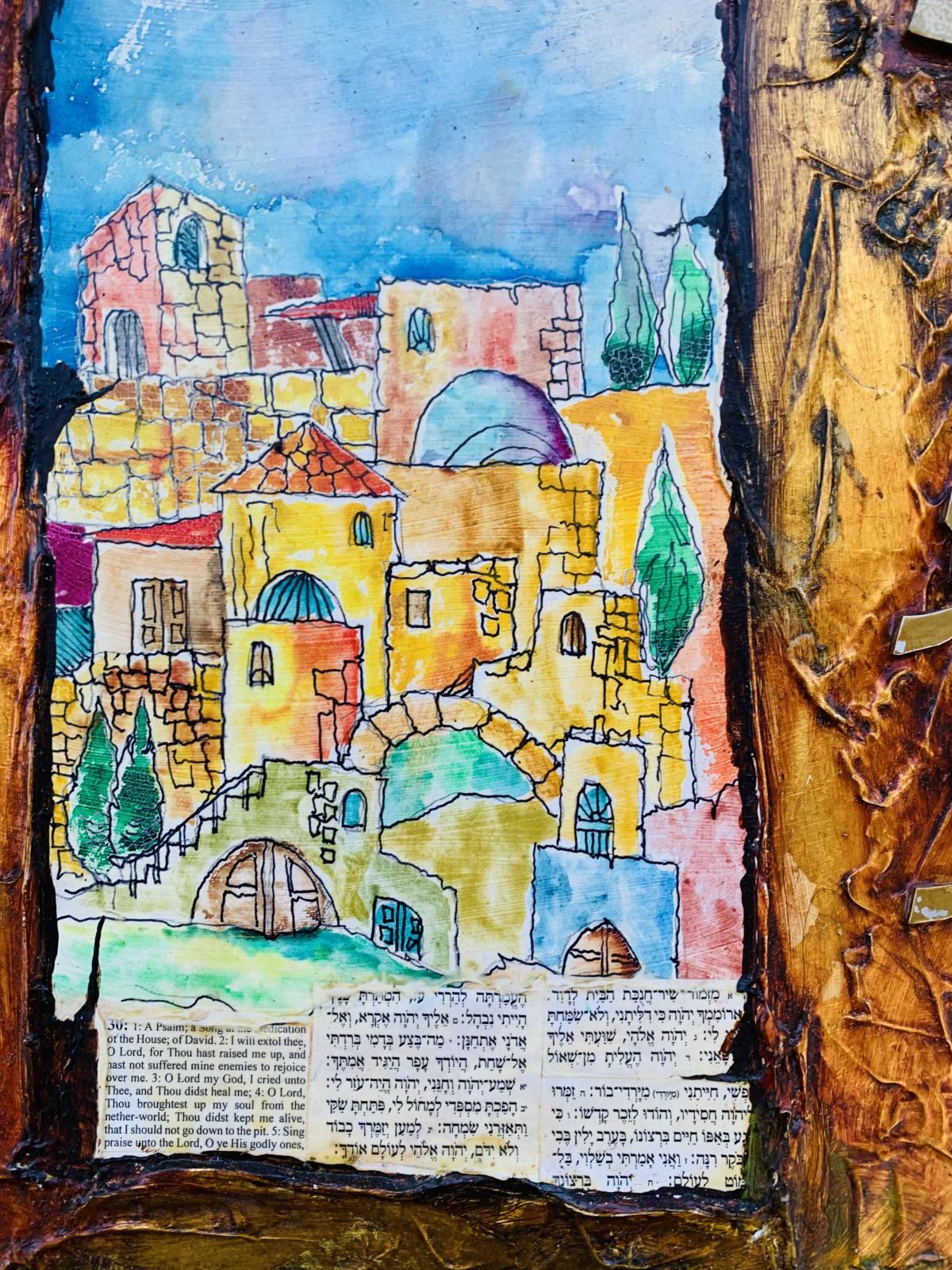 Sami Zilkha  - Original mixed media on wood panel "Jerusalem "