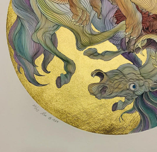 Guillaume Azoulay- Limited edition etching with hand laid gold leaf and hand watercolor "Leo"