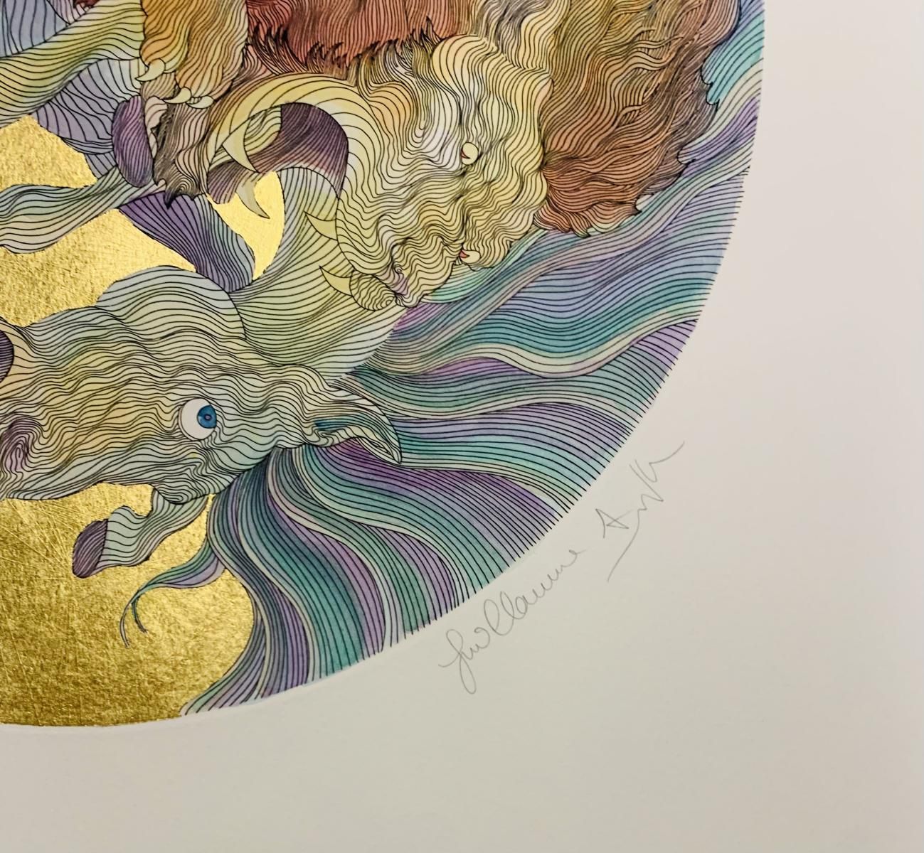 Guillaume Azoulay- Limited edition etching with hand laid gold leaf and hand watercolor "Leo"