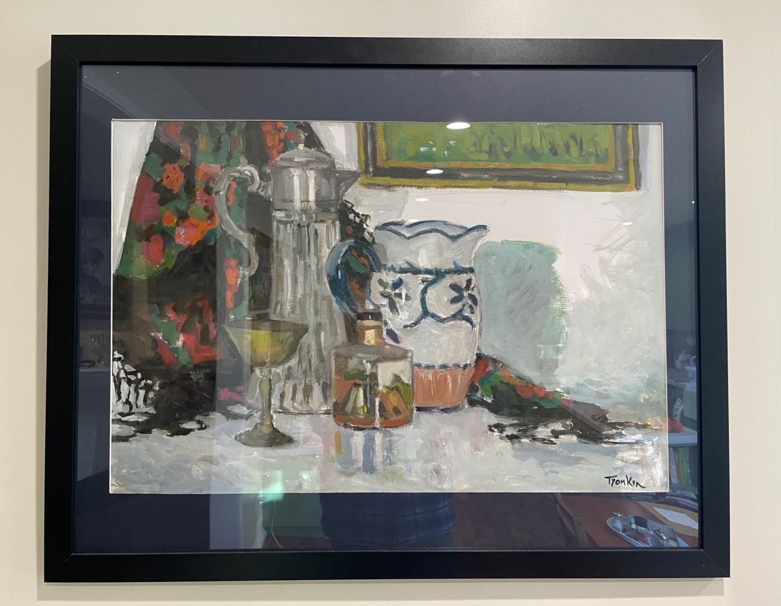 Boris Tyomkin- Acrylic on paper "Still Life (Gray & Red)"