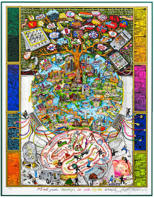 Charles Fazzino- 3D Construction Silkscreen Serigraph "Mind Your MoneyIn Our Digital Age (Blue)"