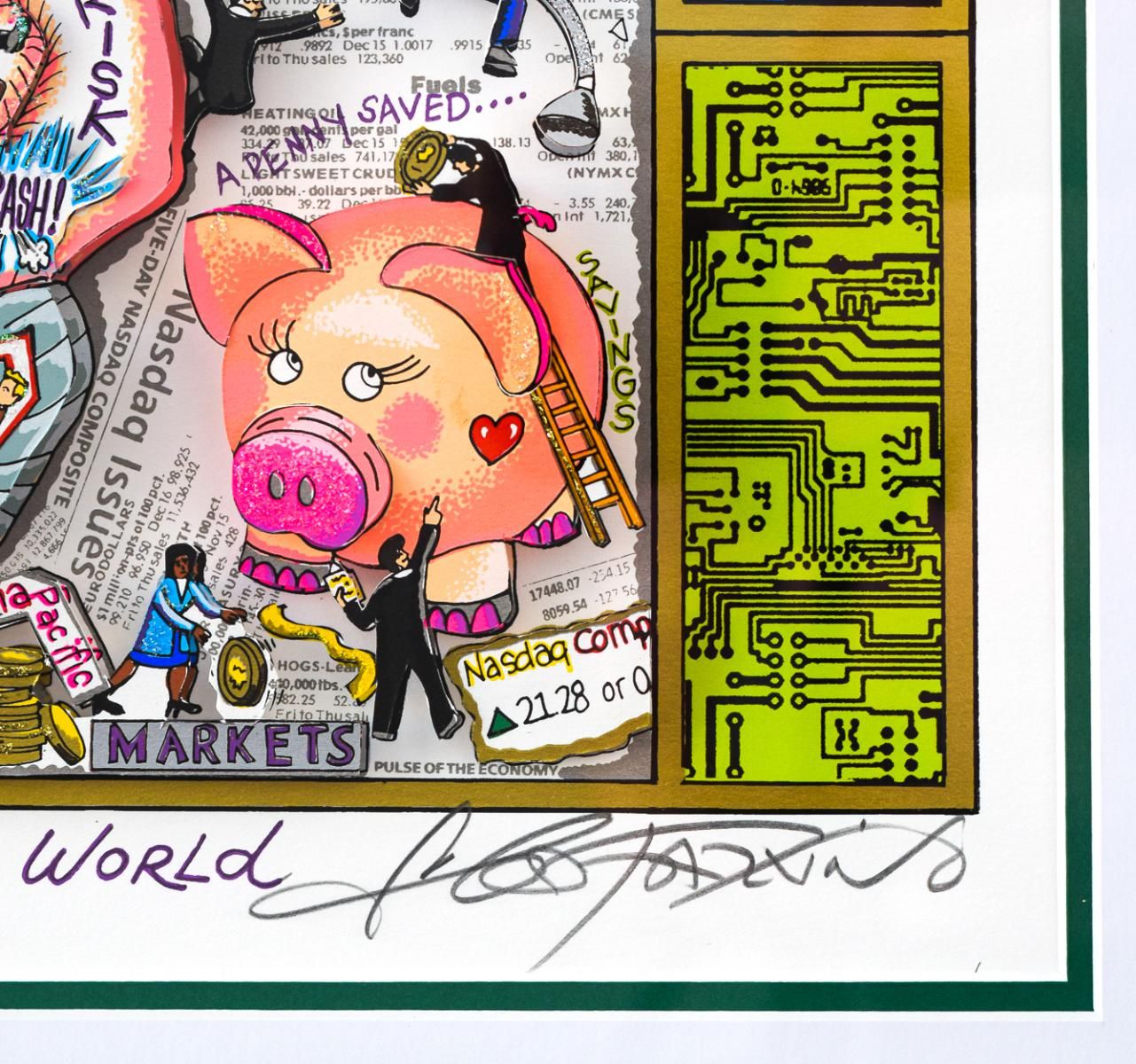 Charles Fazzino- 3D Construction Silkscreen Serigraph "Mind Your MoneyIn Our Digital Age (Blue)"