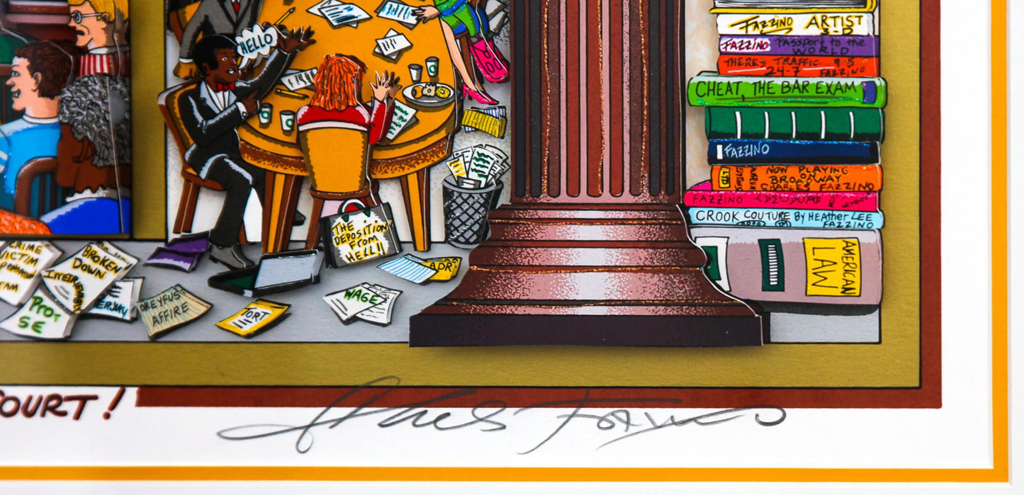 Charles Fazzino- 3D Construction Silkscreen Serigraph "Law and Disorder in the Court! (Yellow)"