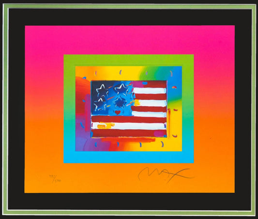 Peter Max- Original Lithograph "Flag with Heart on Blends"