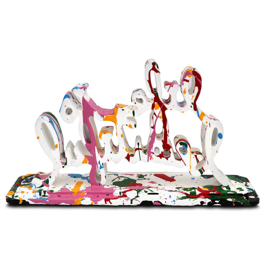 Mr Brainwash- Acrylic Dipped and Splashed Cast Resin Sculpture in Plexiglass Enclosure "Life Is Beautiful - Dipped White Splash, 2020"