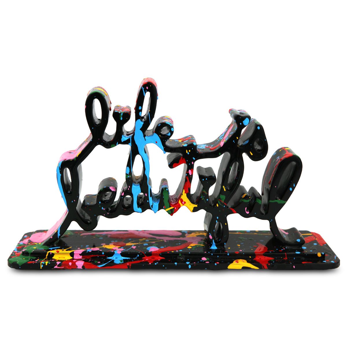 Mr Brainwash- Acrylic Dipped and Splashed Cast Resin Sculpture in Plexiglass Enclosure "Life Is Beautiful - Dipped Black Splash, 2020"