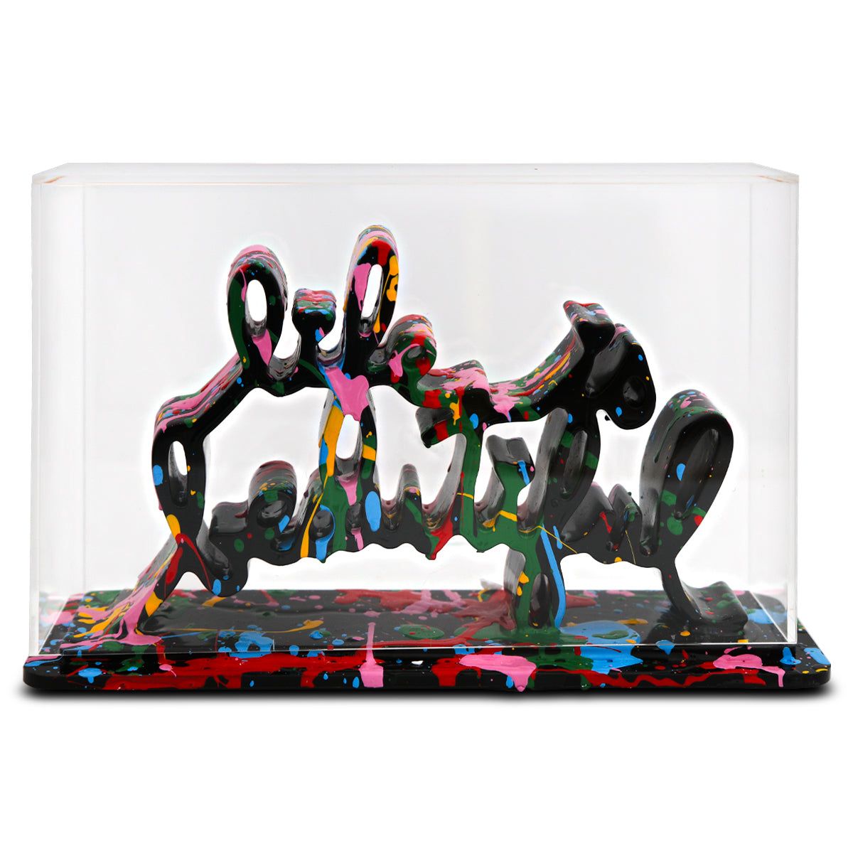 Mr Brainwash- Acrylic Dipped and Splashed Cast Resin Sculpture in Plexiglass Enclosure "Life Is Beautiful - Dipped Black Splash, 2020"