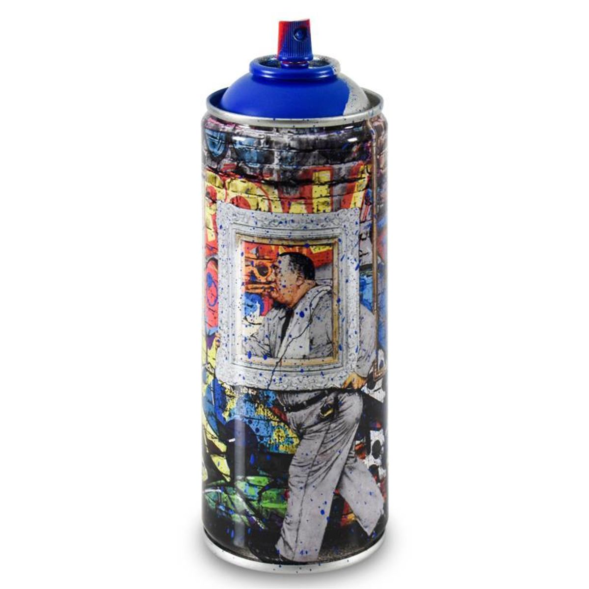 Mr. Brainwash, "Wall Frame (Blue)" Limited Edition Hand Painted Spray Can with Plate Signature.