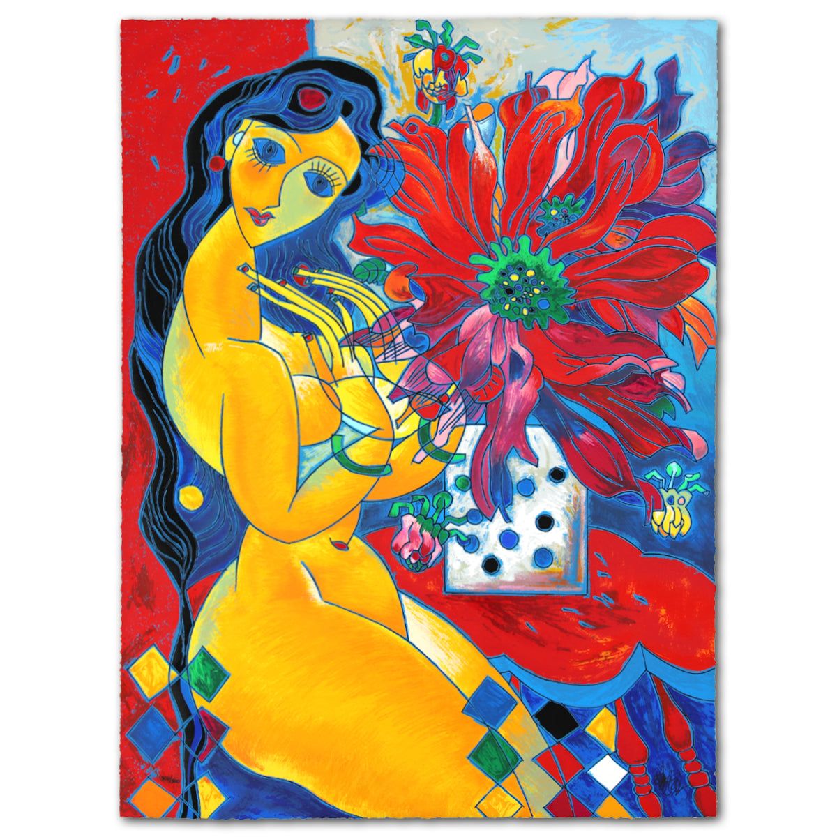 Jian Tie Feng- Silkscreen "Beauty and  Flowers"