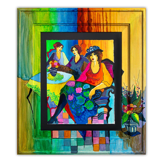 Patricia Govezensky- Original Watercolor with Hand Painted Frame "Serenade of Friends"