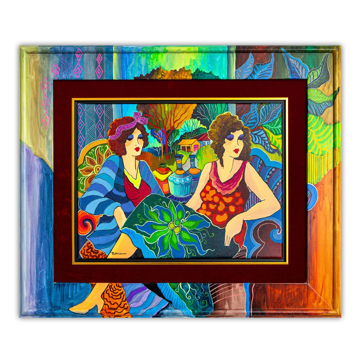 Patricia Govezensky- Original Acrylic with Hand Painted Frame "The Gathering"