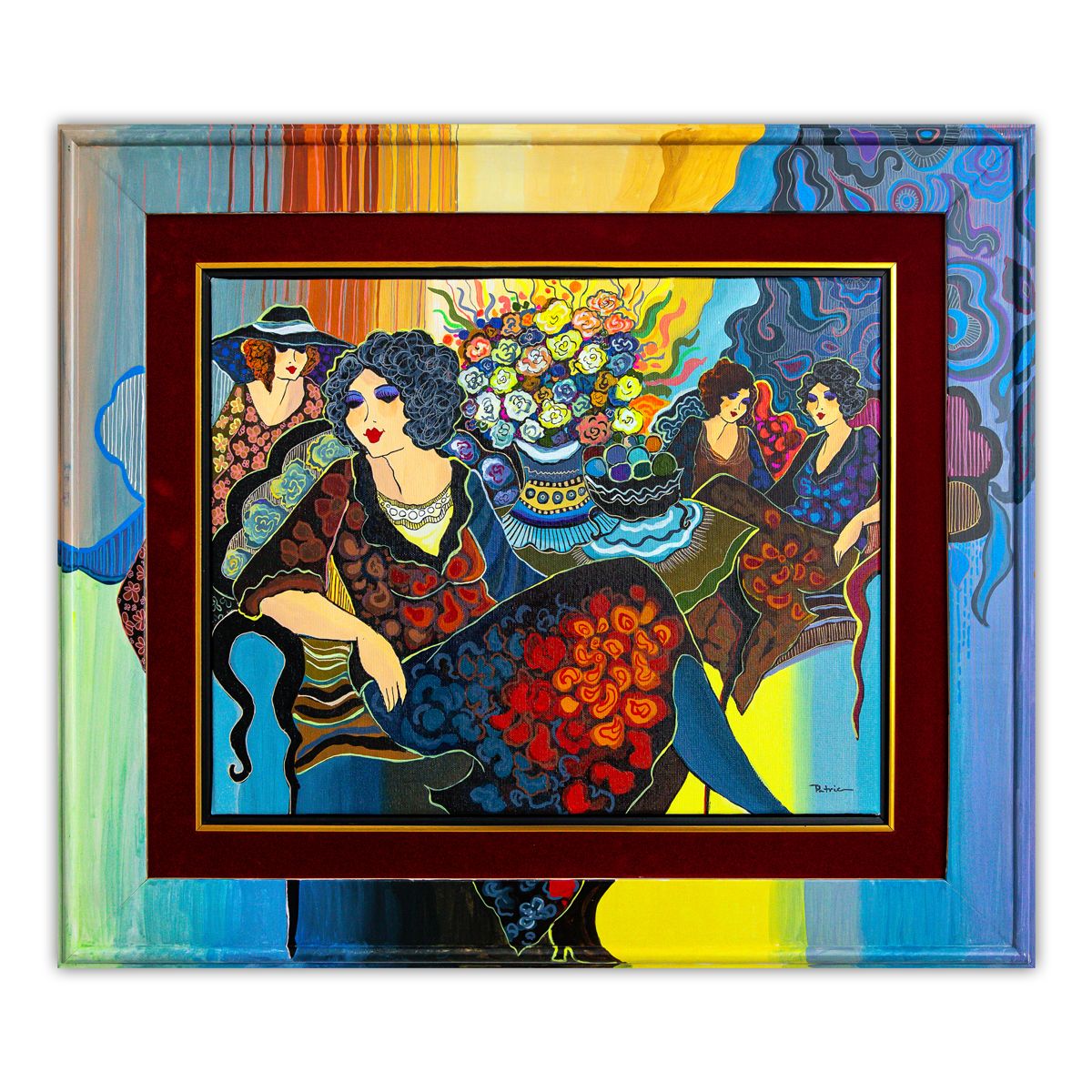 Patricia Govezensky- Original Acrylic with Hand Painted Frame "Whispers of Wine and Laughter"
