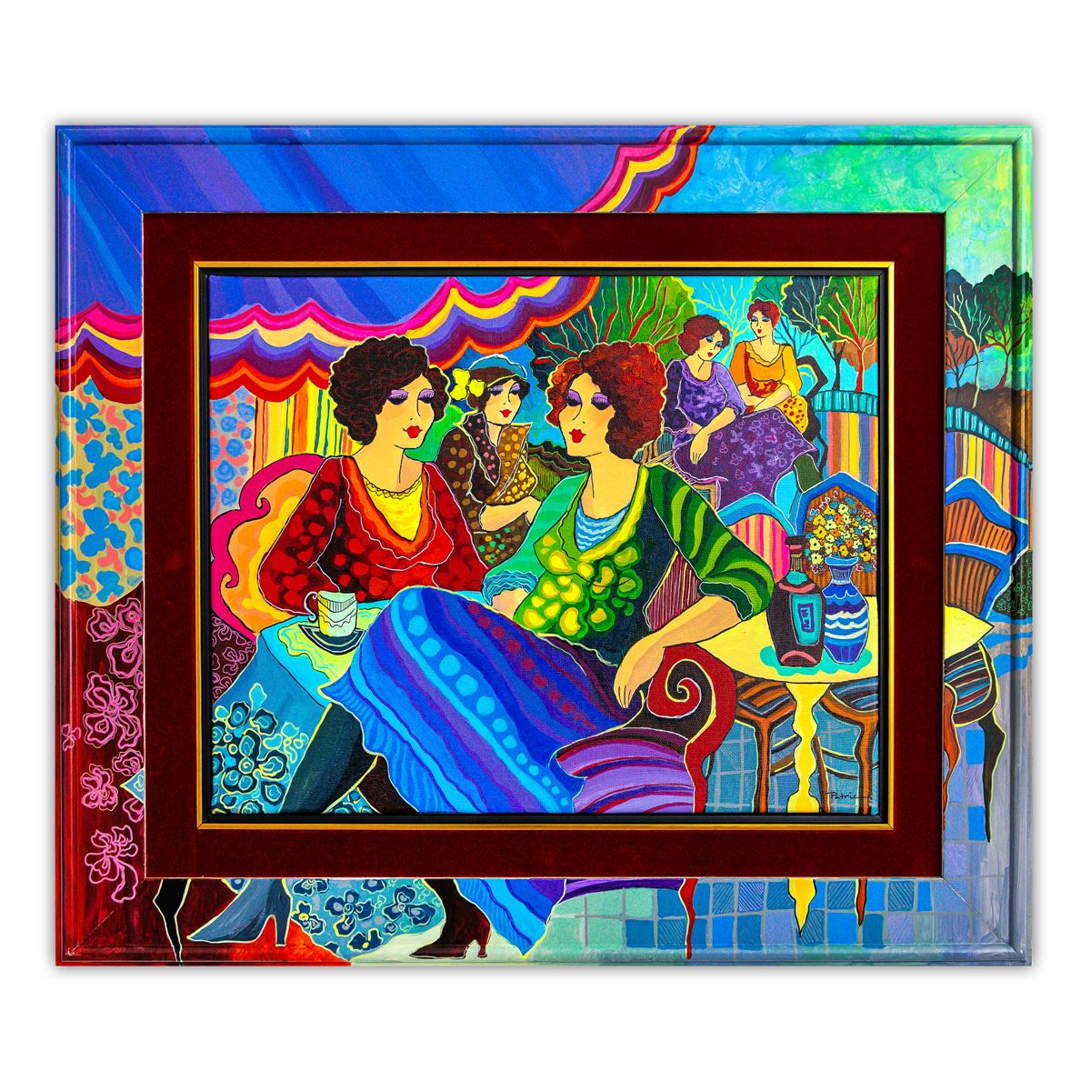 Patricia Govezensky- Original Acrylic with Hand Painted Frame "Emerald Waltz of the Evening"