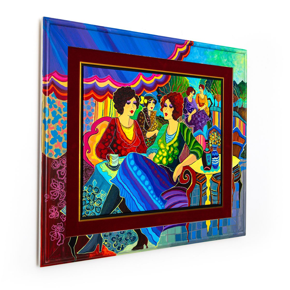 Patricia Govezensky- Original Acrylic with Hand Painted Frame "Emerald Waltz of the Evening"