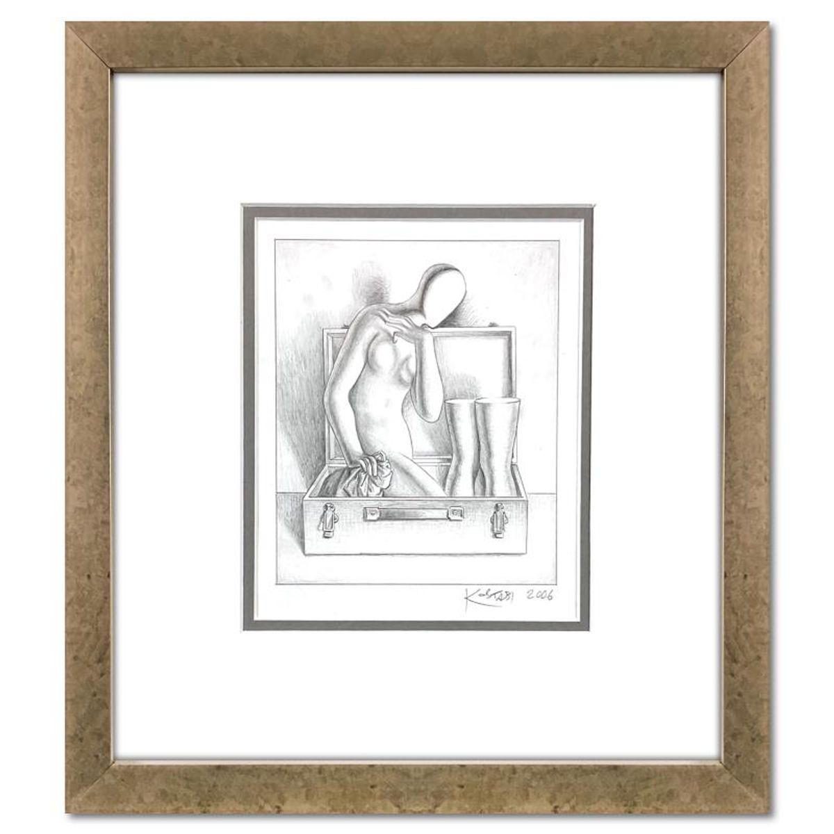 Mark Kostabi, "Psychic Baggage Claim" Framed Original Drawing on Paper, Hand Signed with Certificate of Authenticity