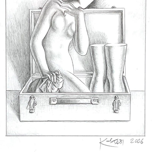 Mark Kostabi, "Psychic Baggage Claim" Framed Original Drawing on Paper, Hand Signed with Certificate of Authenticity