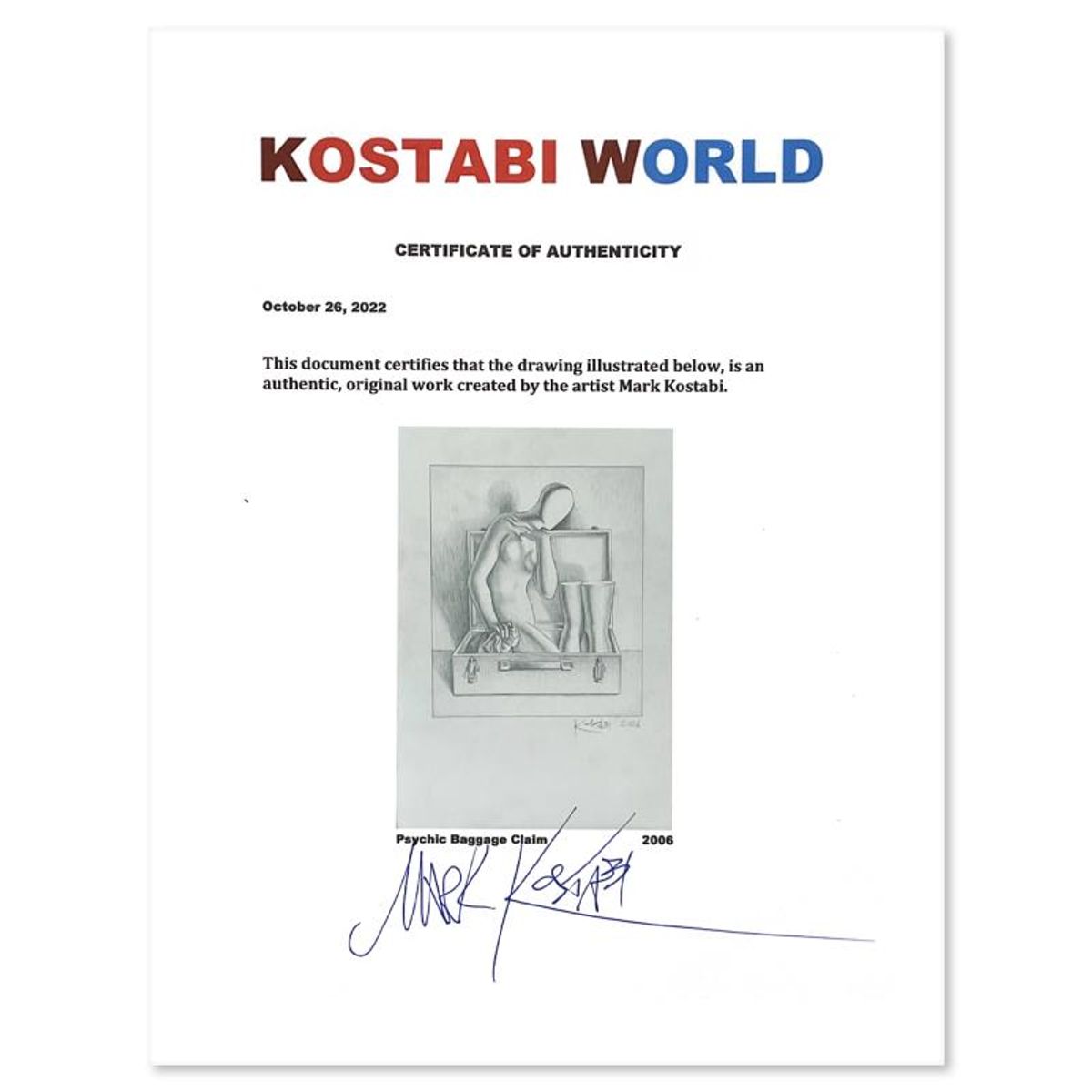 Mark Kostabi, "Psychic Baggage Claim" Framed Original Drawing on Paper, Hand Signed with Certificate of Authenticity