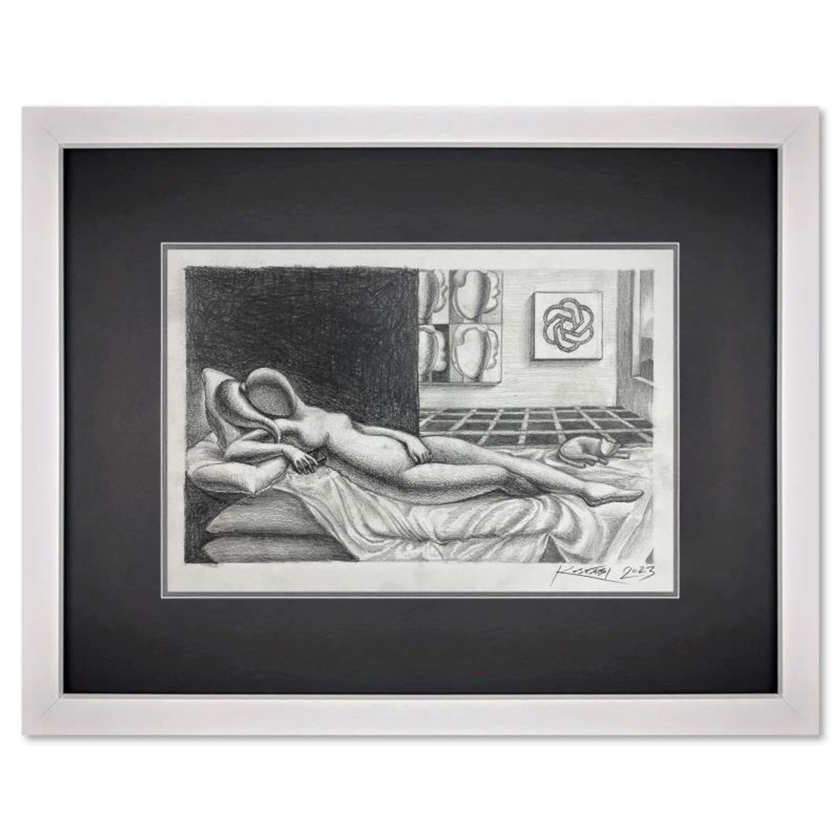 Mark Kostabi, "Infinite Echoes Through the Ages" Framed Original Drawing on Paper, Hand Signed with Certificate of Authenticity