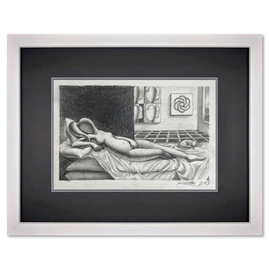 Mark Kostabi, "Infinite Echoes Through the Ages" Framed Original Drawing on Paper, Hand Signed with Certificate of Authenticity