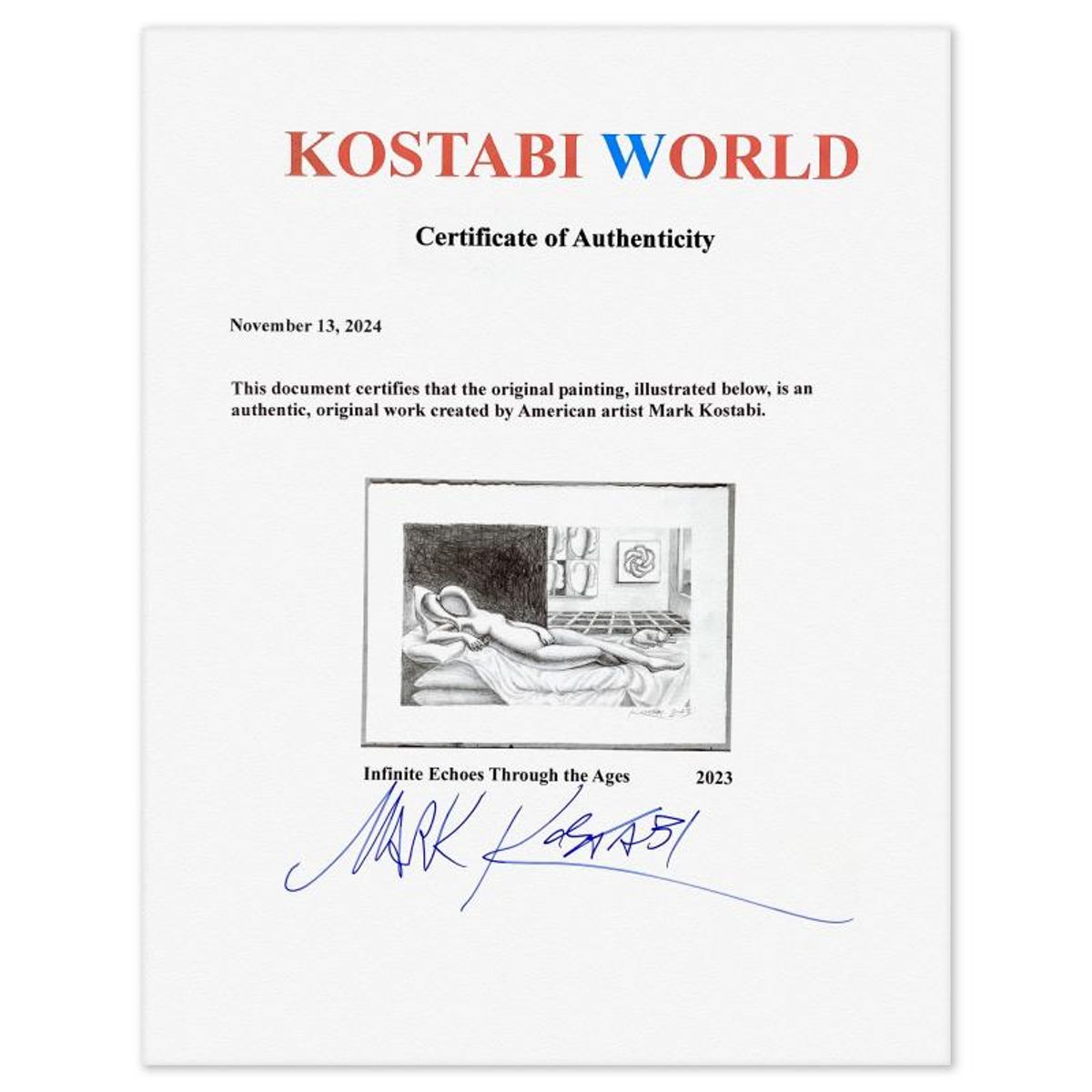 Mark Kostabi, "Infinite Echoes Through the Ages" Framed Original Drawing on Paper, Hand Signed with Certificate of Authenticity