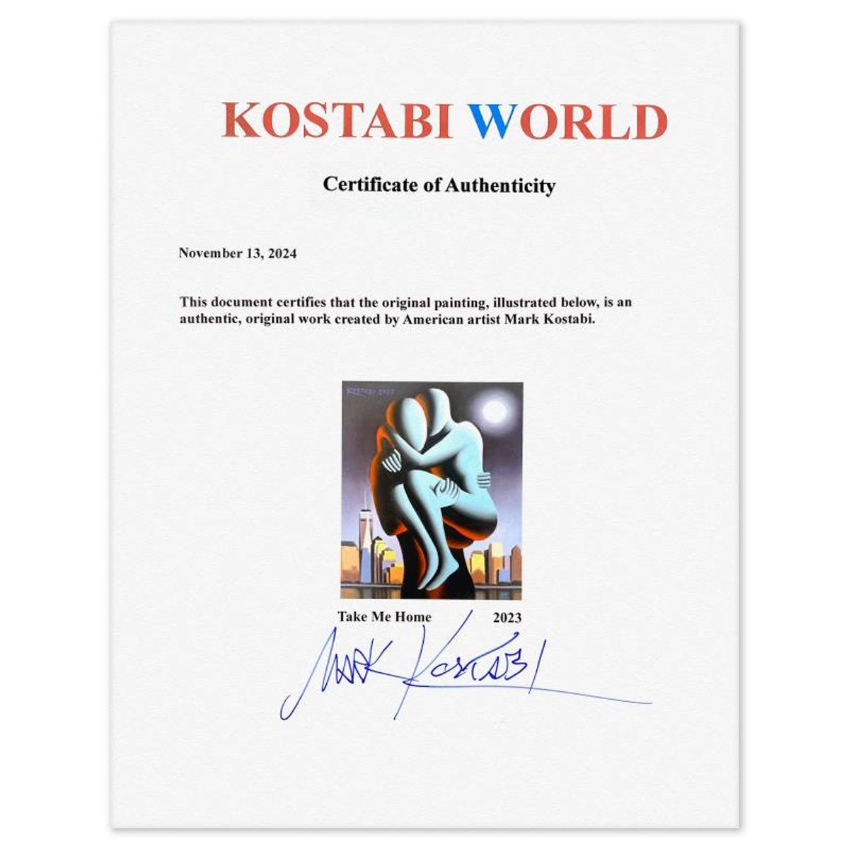 Mark Kostabi, "Take Me Home" Framed Original Oil Painting on Canvas, Hand Signed with Letter of Authenticity.