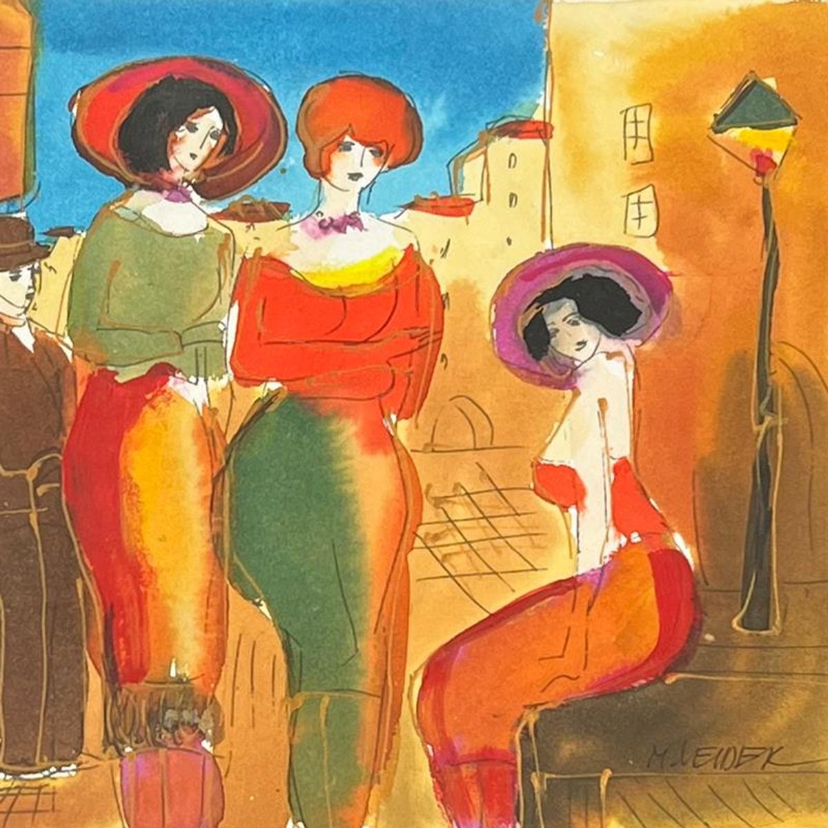 Moshe Leider, Framed Original Mixed Media Watercolor Painting, Hand Signed with Letter of Authenticity.