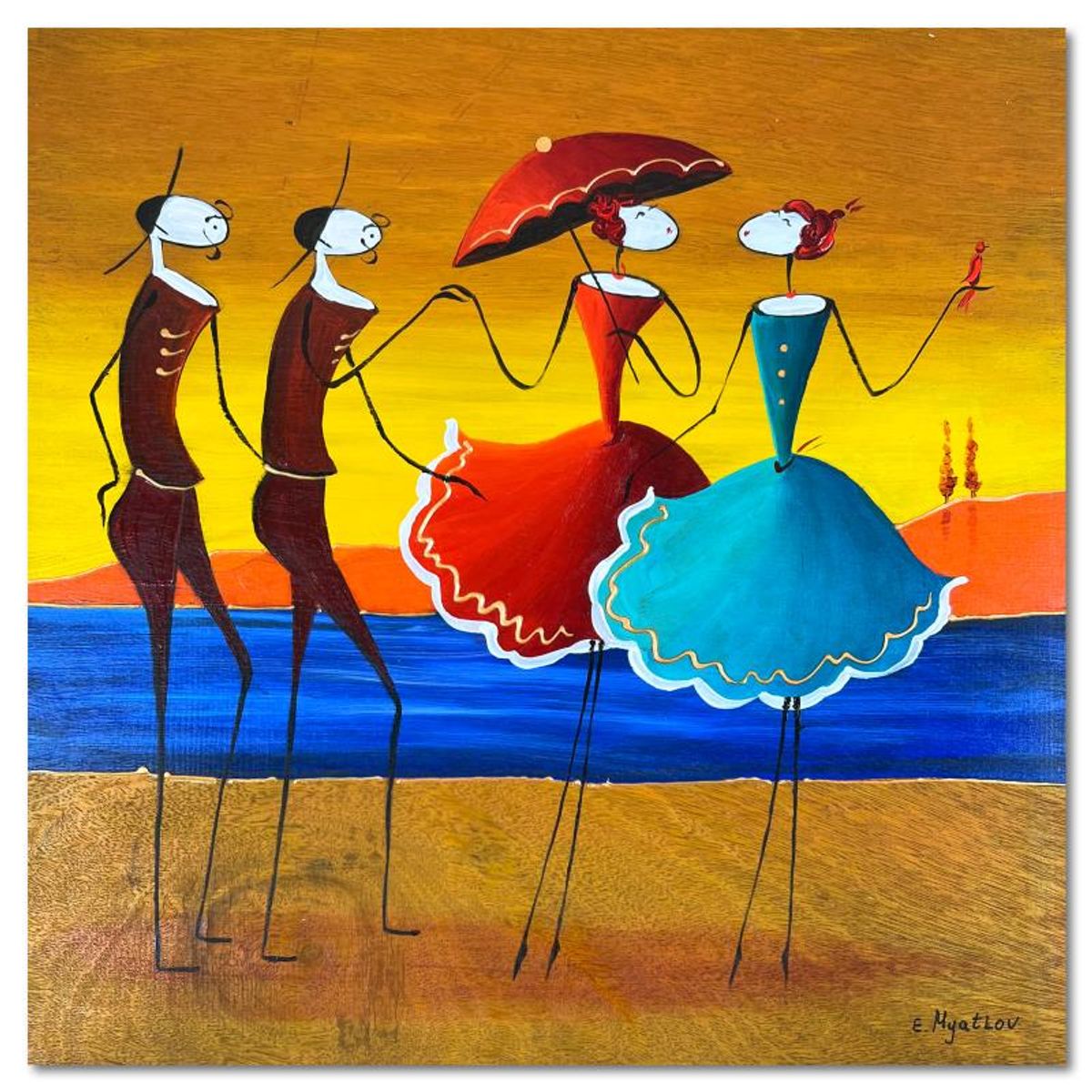 Ester Myatlov Hand Signed Original Painting on Wood Panel with Letter of Authenticity.