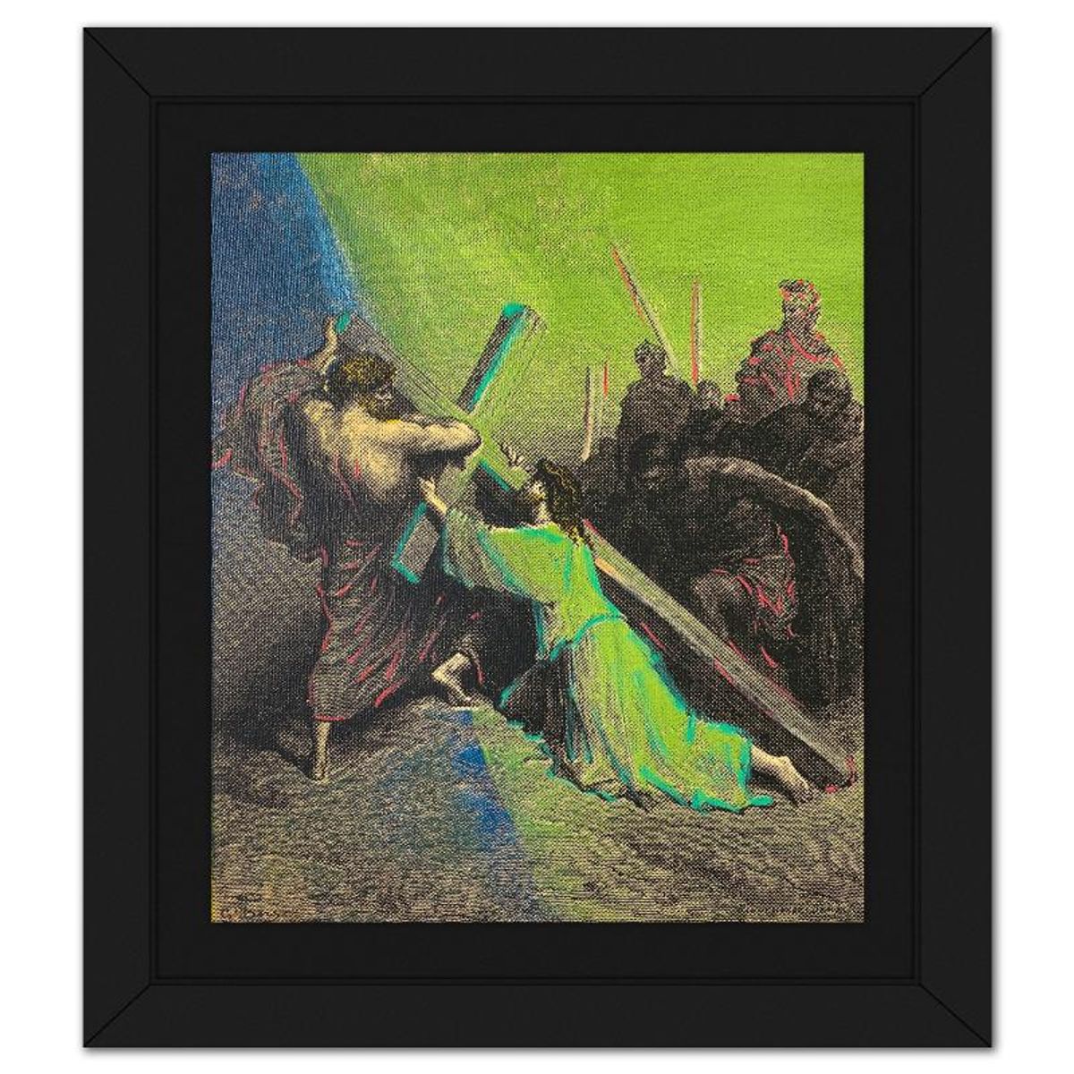 Steve Kaufman (1960-2010), "Simon Helping Jesus" Framed Hand Embellished Limited Edition Silscreen, Numbered 9/50 Inverso and Hand Signed with Letter of Authenticity