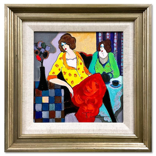 Itzchak Tarkay (1935-2012), "Sisters" Framed One-of-a-Kind Mixed Media Over Paint on Wood, Hand Signed with Letter of Authenticity