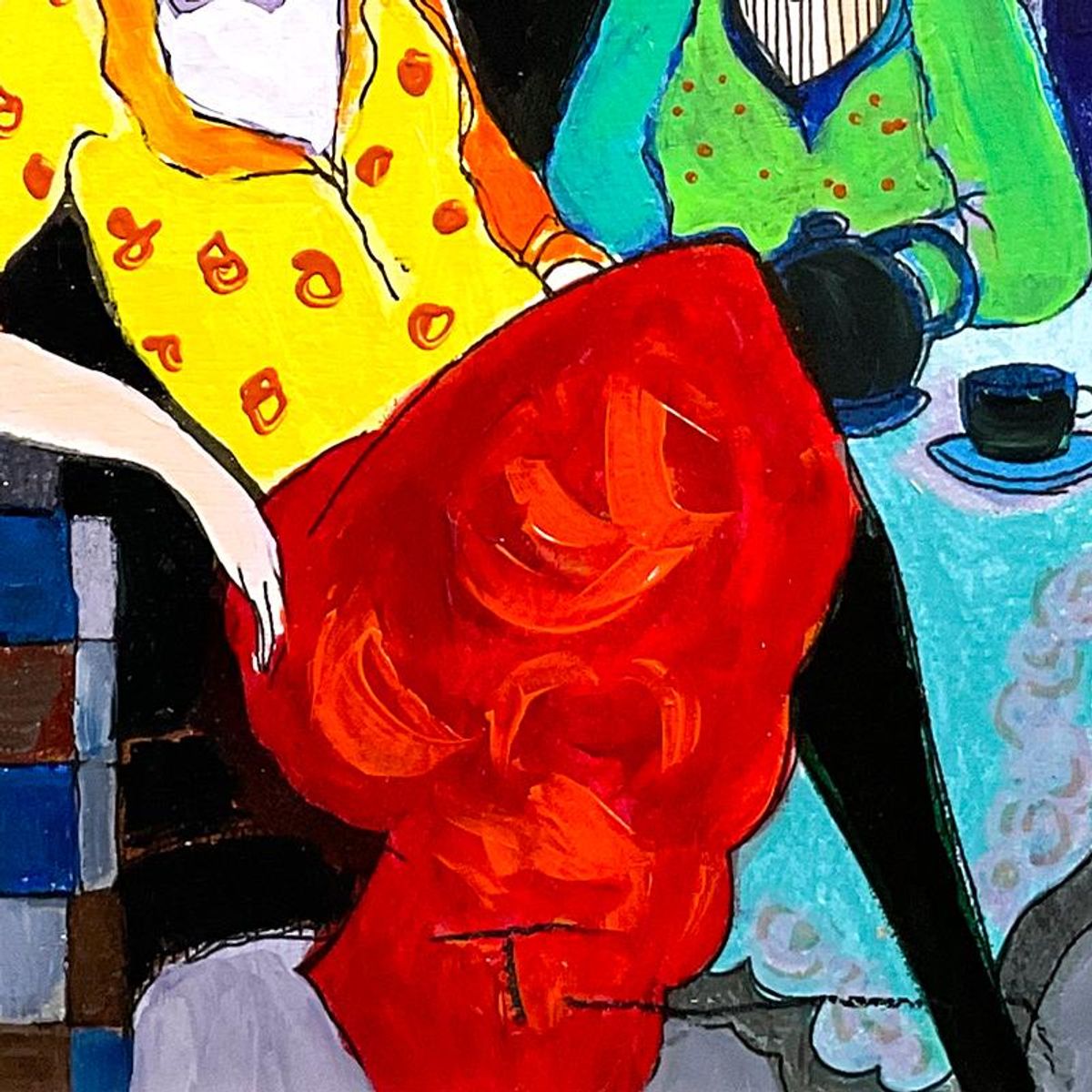 Itzchak Tarkay (1935-2012), "Sisters" Framed One-of-a-Kind Mixed Media Over Paint on Wood, Hand Signed with Letter of Authenticity