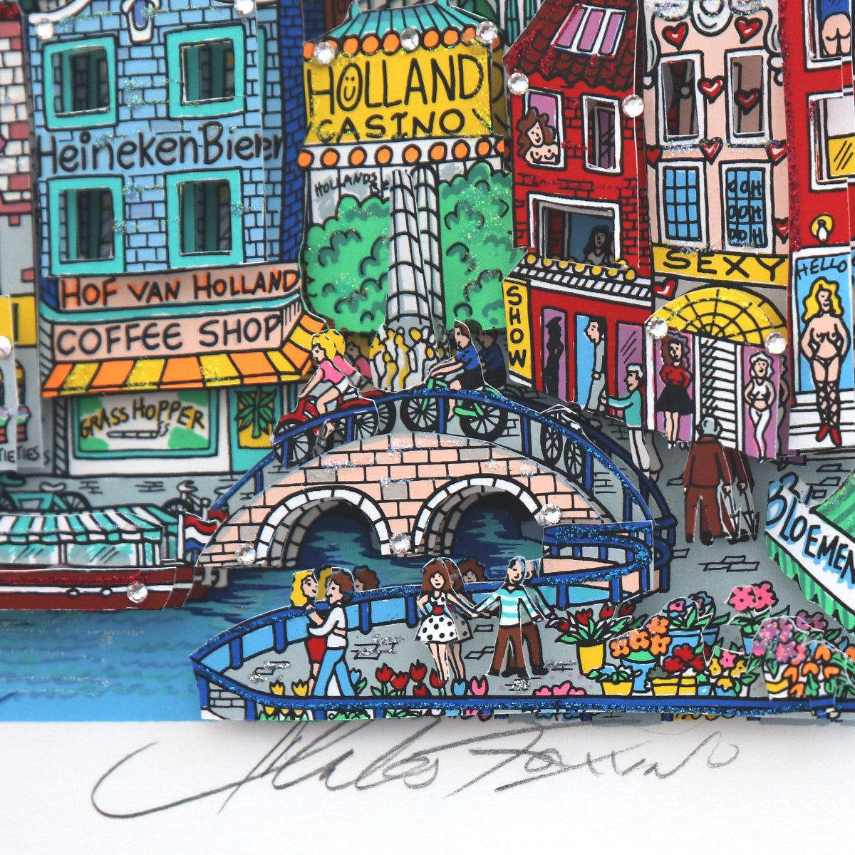 Charles Fazzino- 3D Construction Silkscreen Serigraph "Alluringly Amsterdam (Black)"