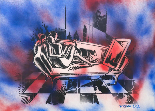 Mark Kostabi- Original Mixed Media on Paper "New Dimensions"