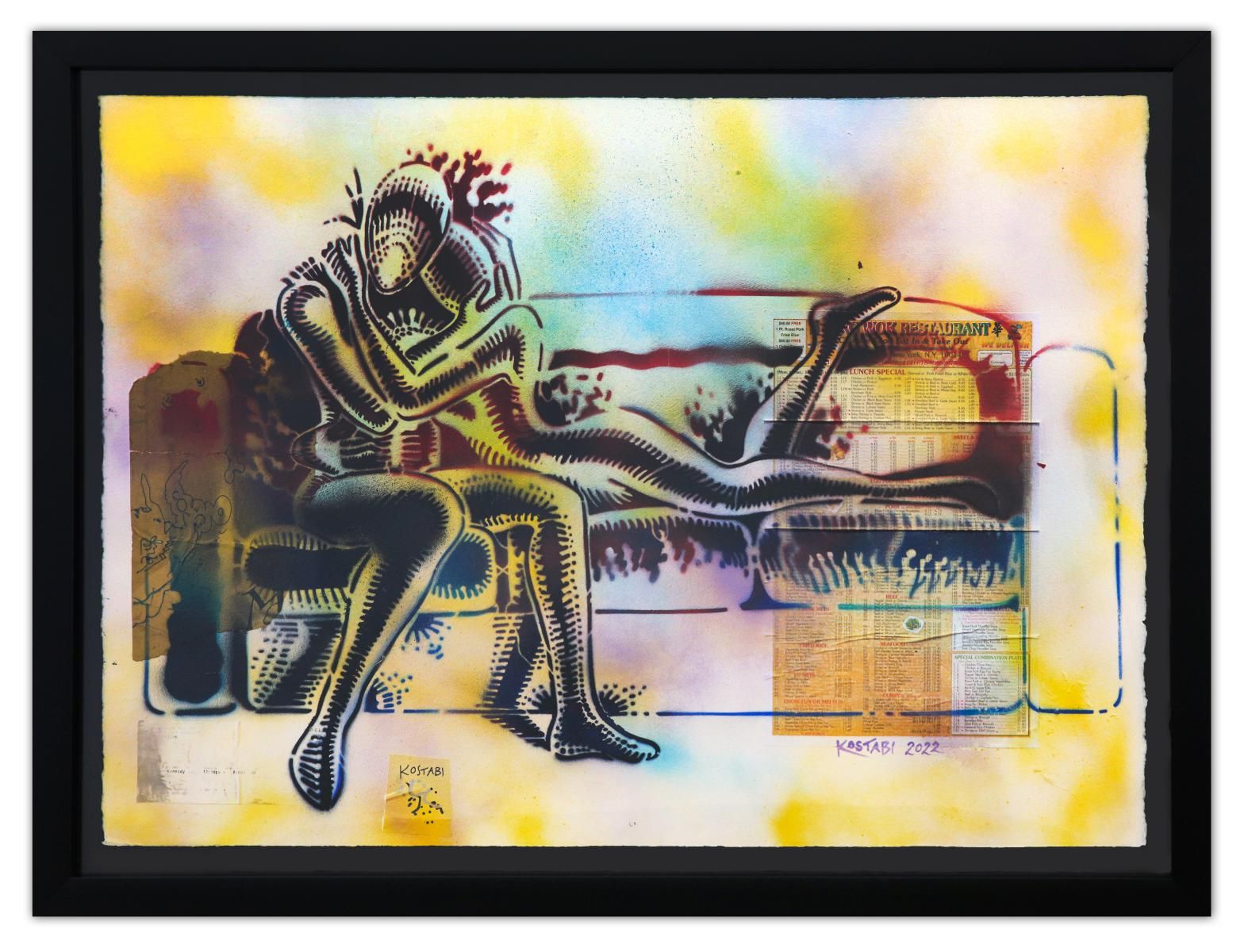 Mark Kostabi- Original Mixed Media on Paper "Ordering In"