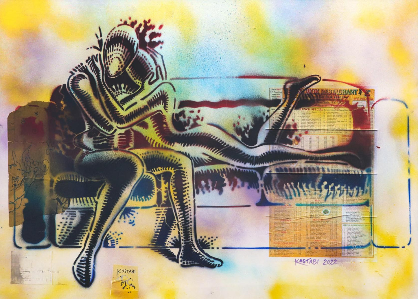 Mark Kostabi- Original Mixed Media on Paper "Ordering In"