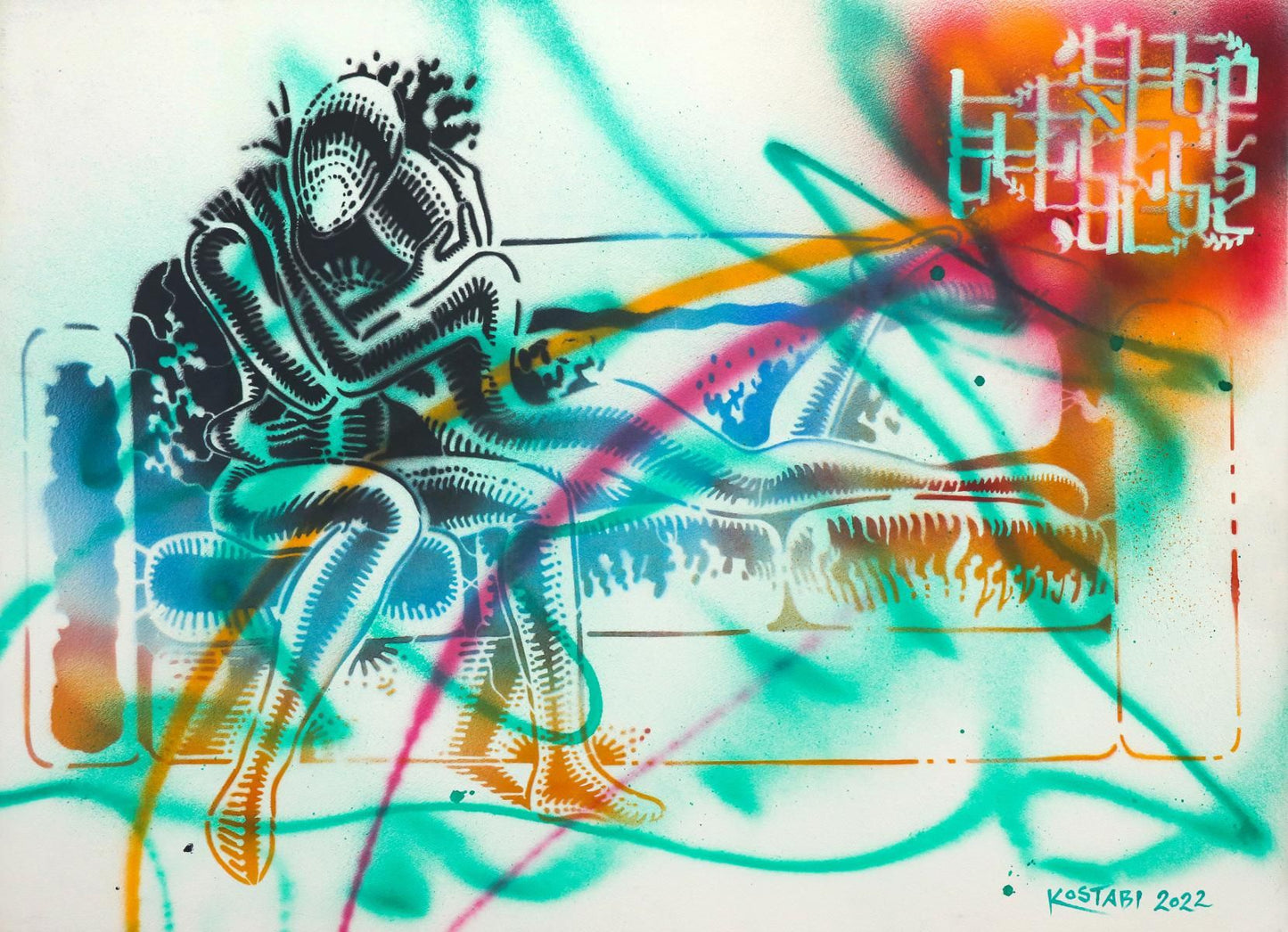 Mark Kostabi- Original Mixed Media on Paper "Positive Energy"