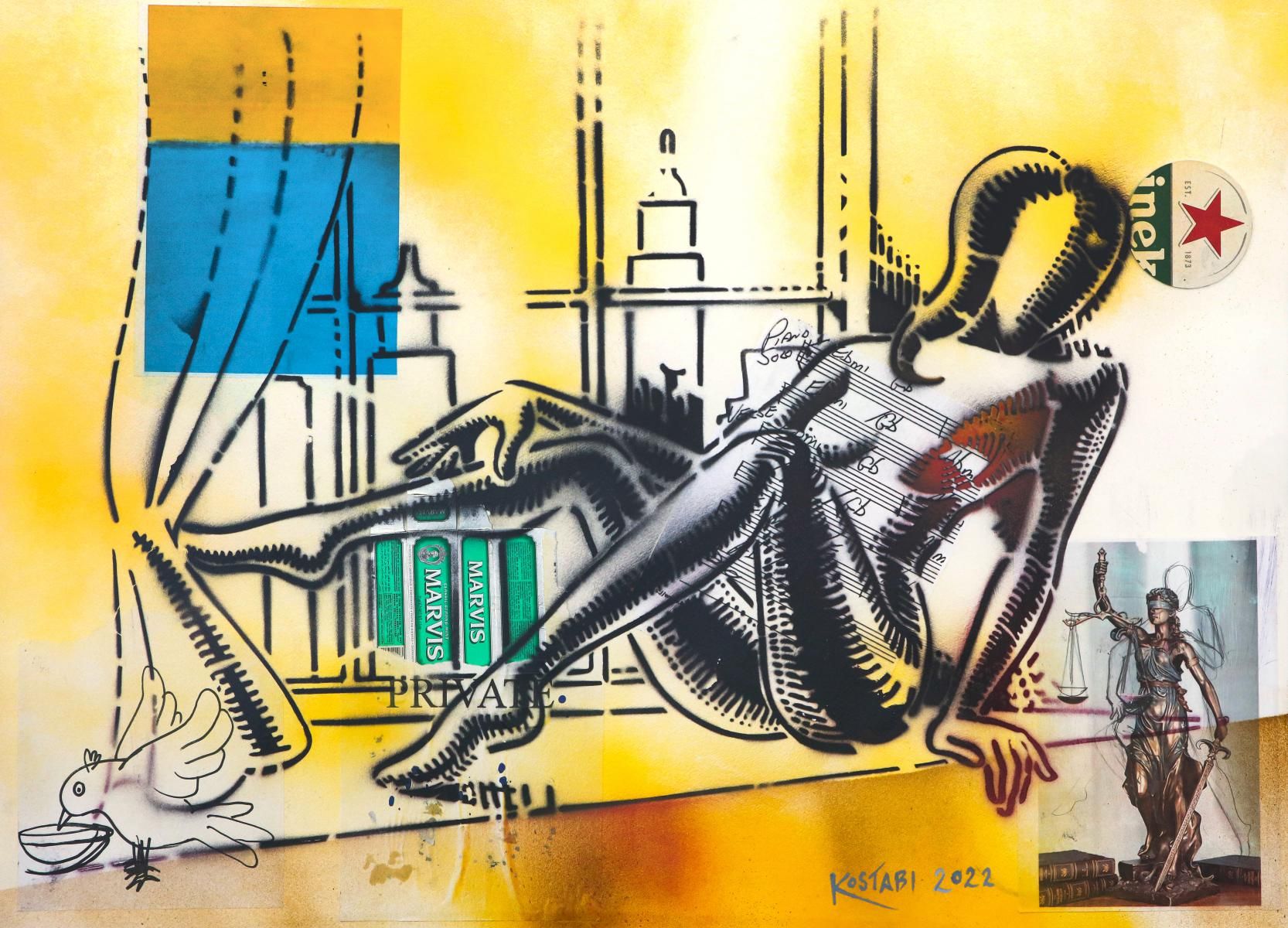 Mark Kostabi- Original Mixed Media on Paper "When Chances Breath, 2022"