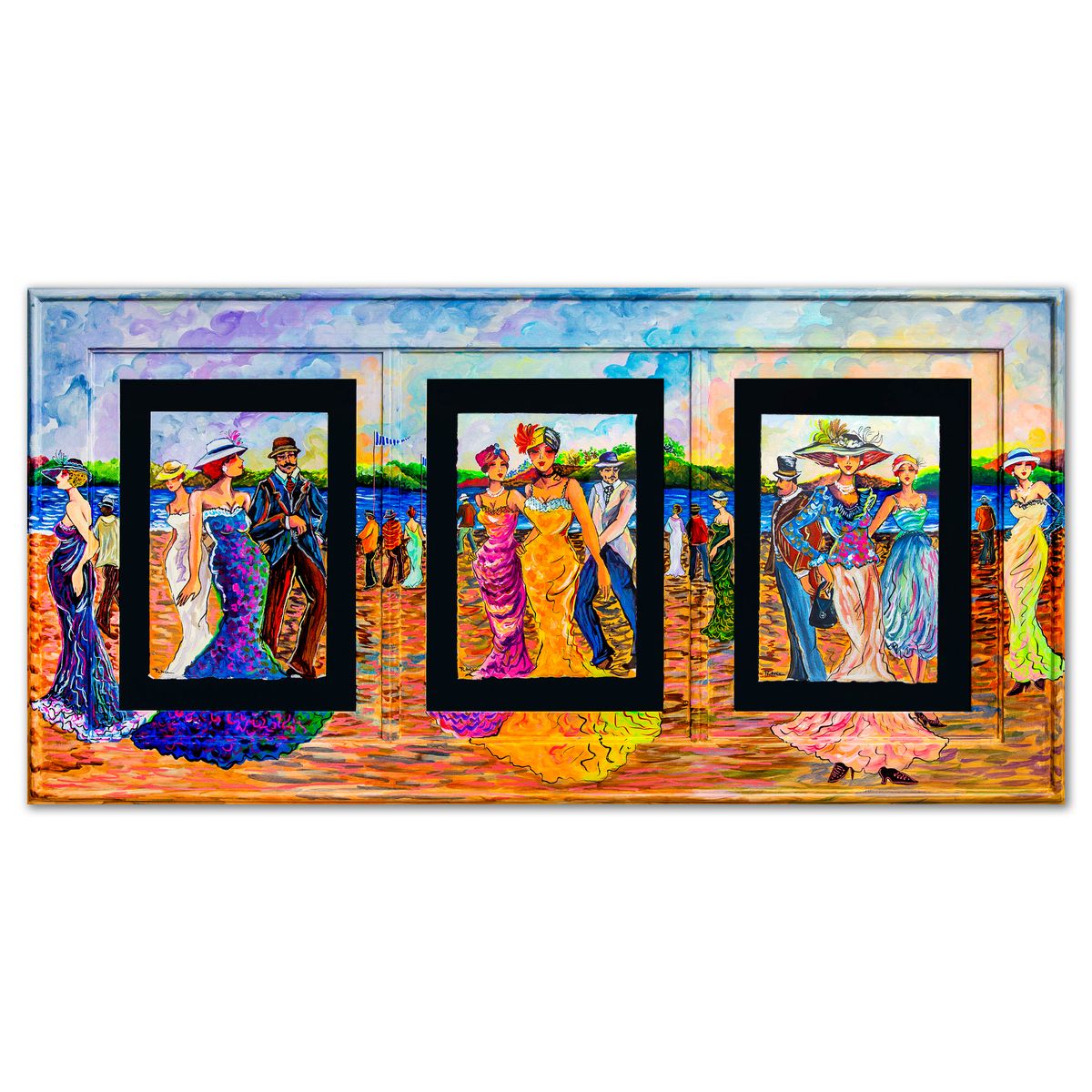 Patricia Govezensky- Original Watercolors with Hand Painted Frame "Parisian Promenade"