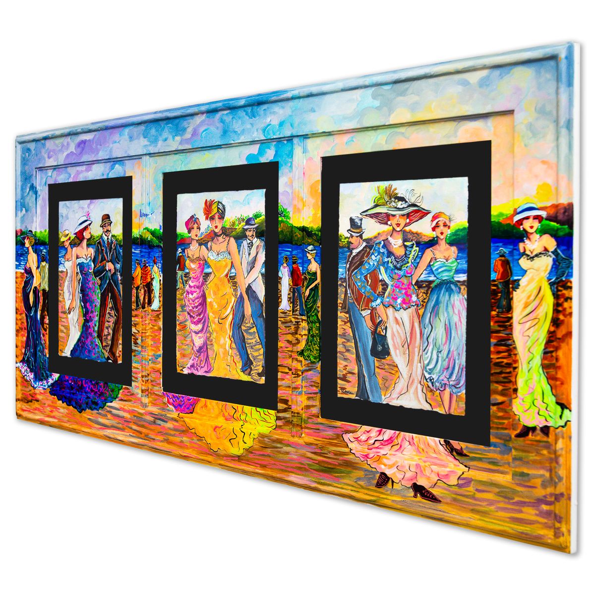 Patricia Govezensky- Original Watercolors with Hand Painted Frame "Parisian Promenade"